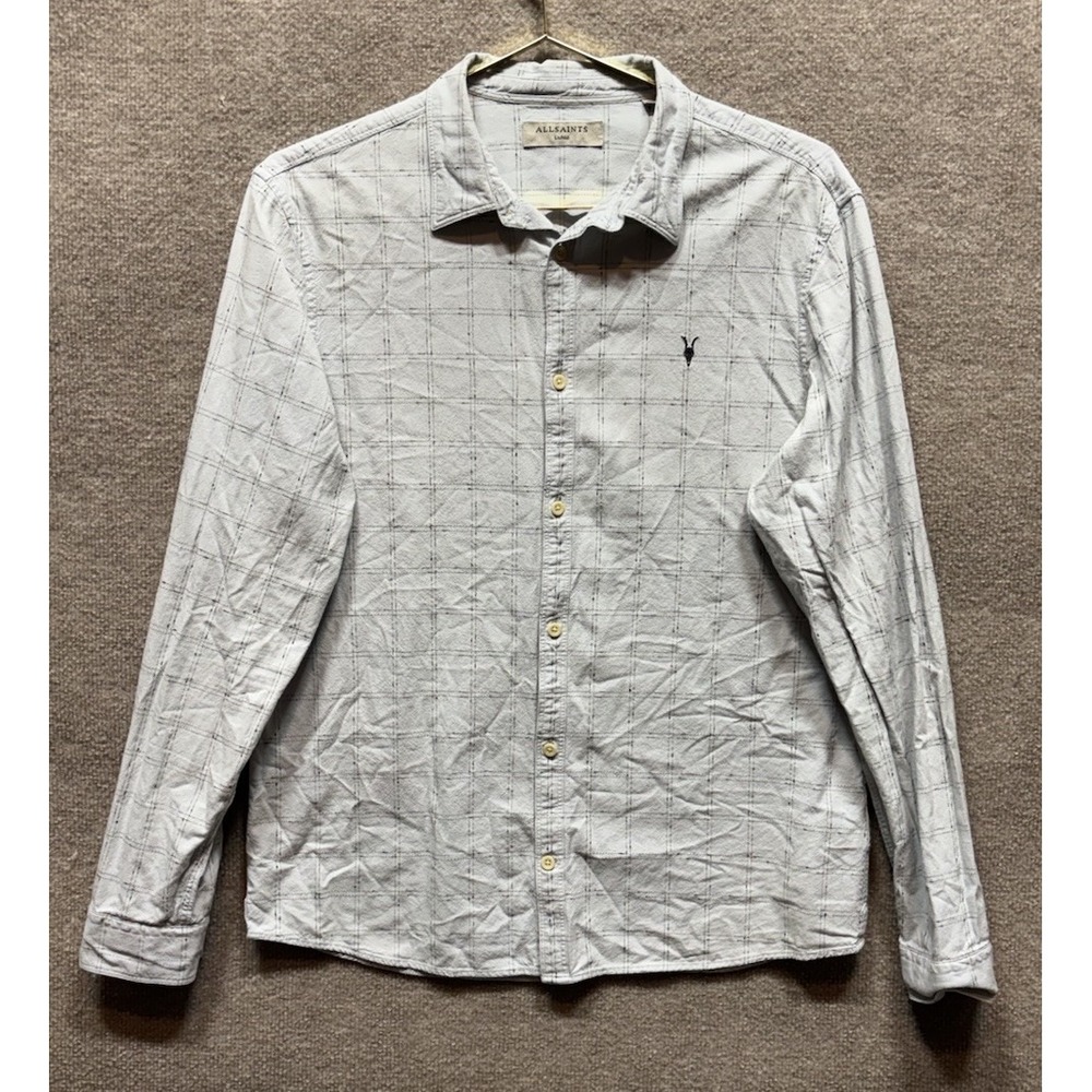All Saints Flannel Shirt Men's Large Blue Check Button Up Long Sleeve EUC Cotton
